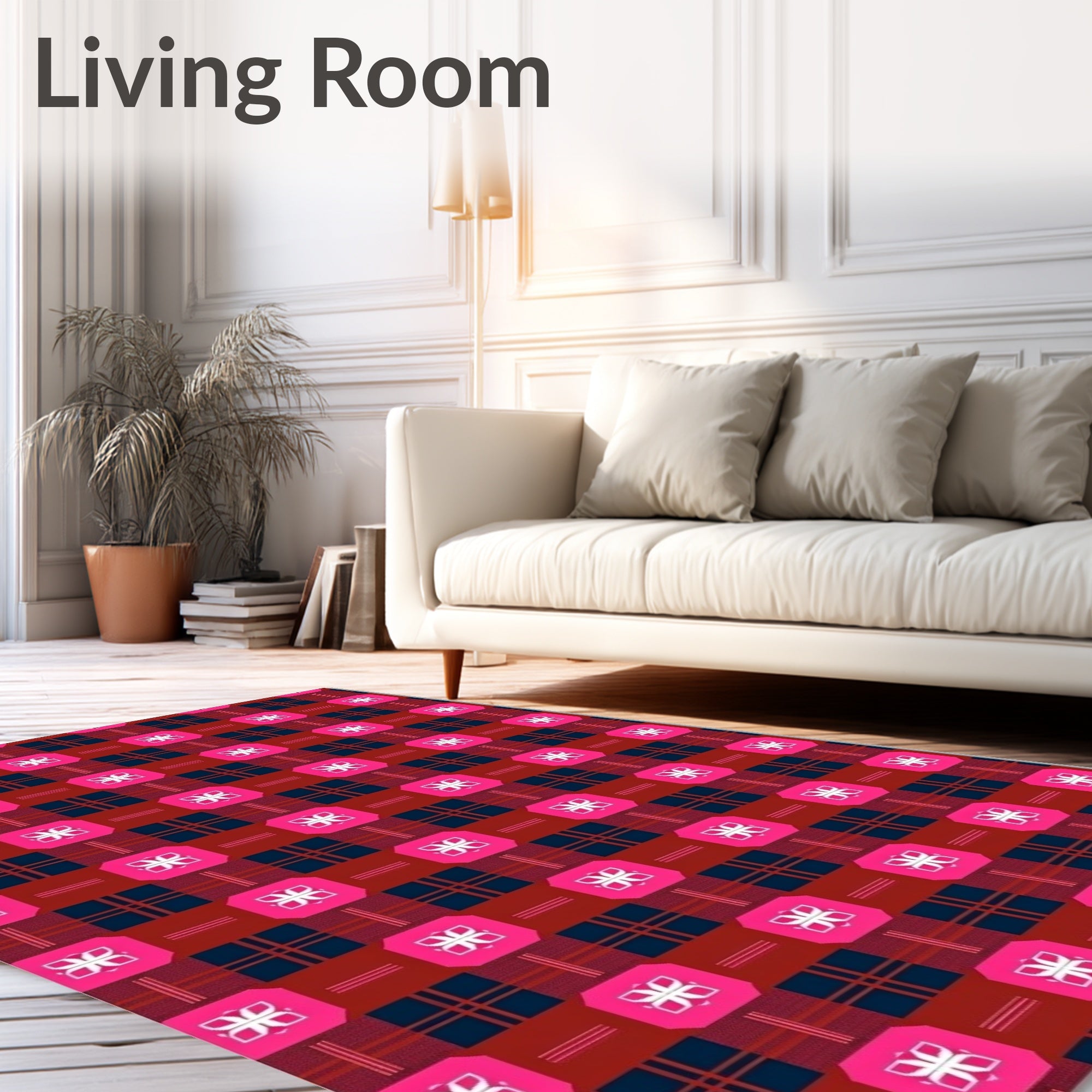 Dazzling Pink White Floral Plaid Rug