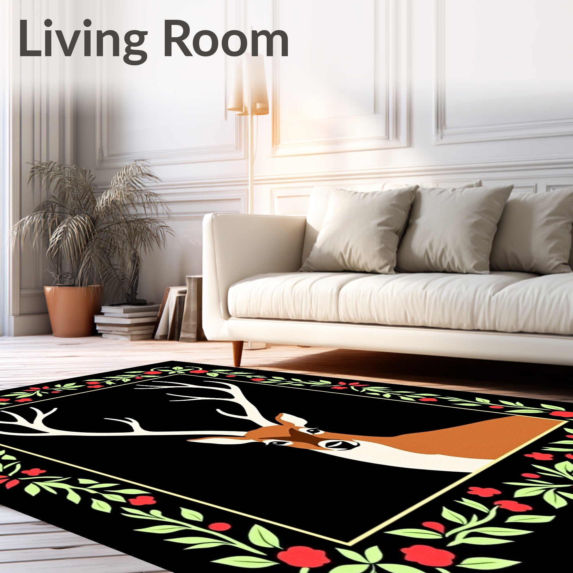 Elegant Deer And Floral Border Rug