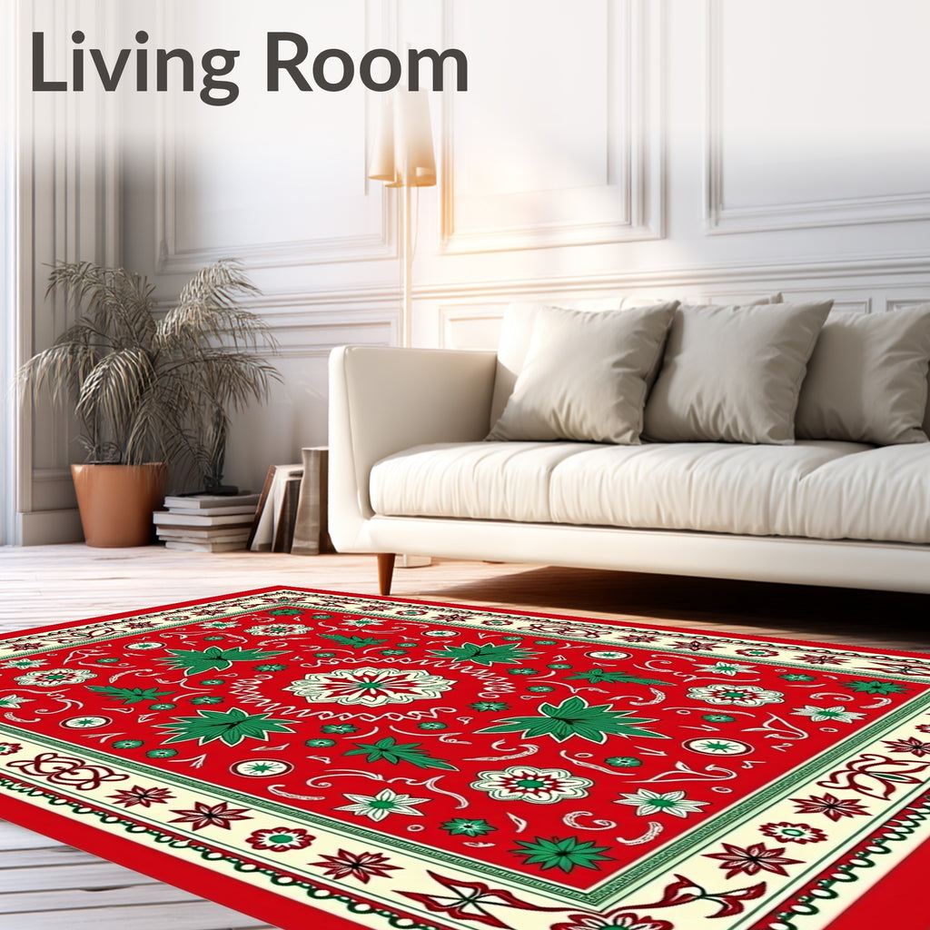 Festive Red Floral Leaf Medallion Rug