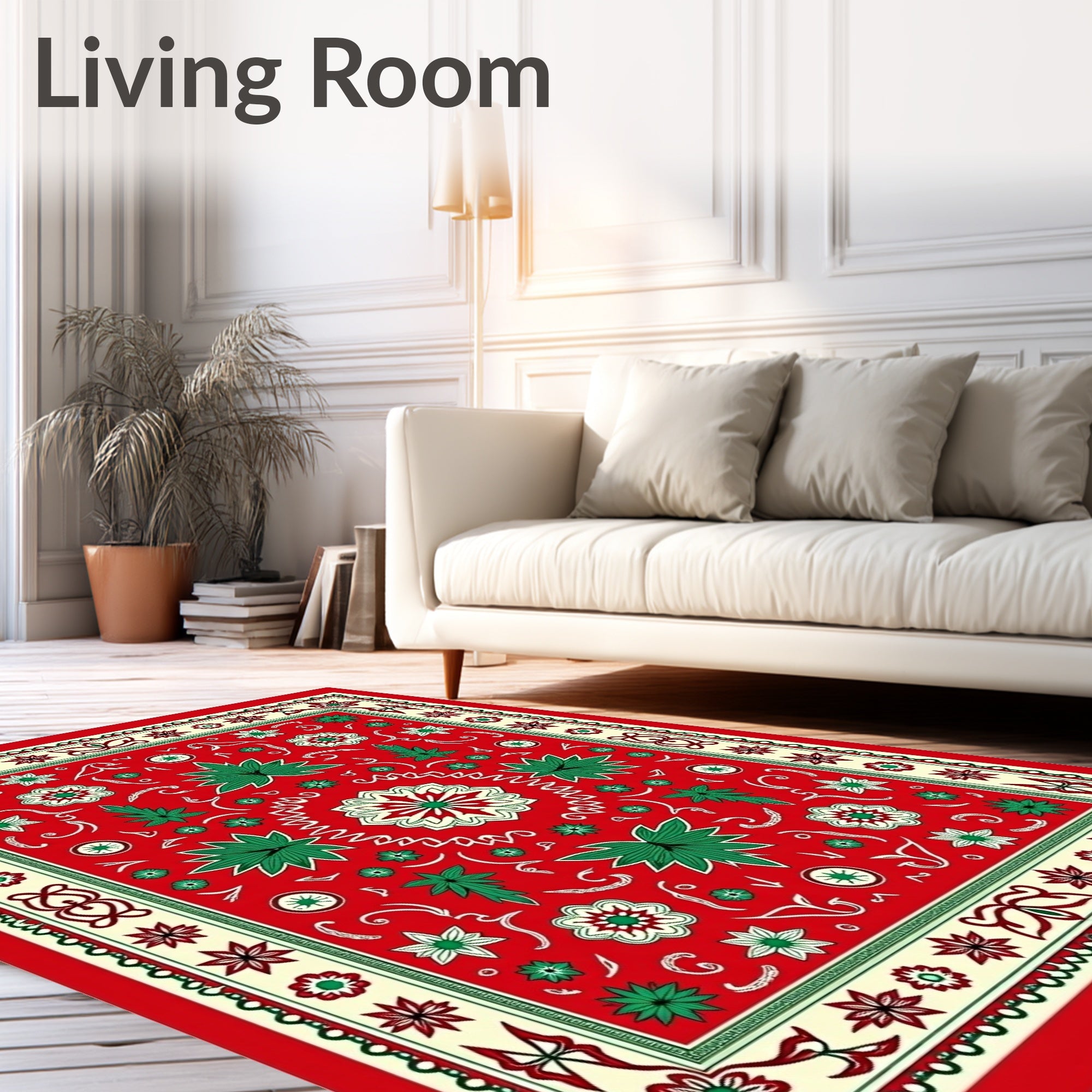 Festive Red Floral Leaf Medallion Rug