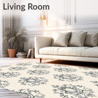 Cream and Charcoal Damask Oval Accents Rug