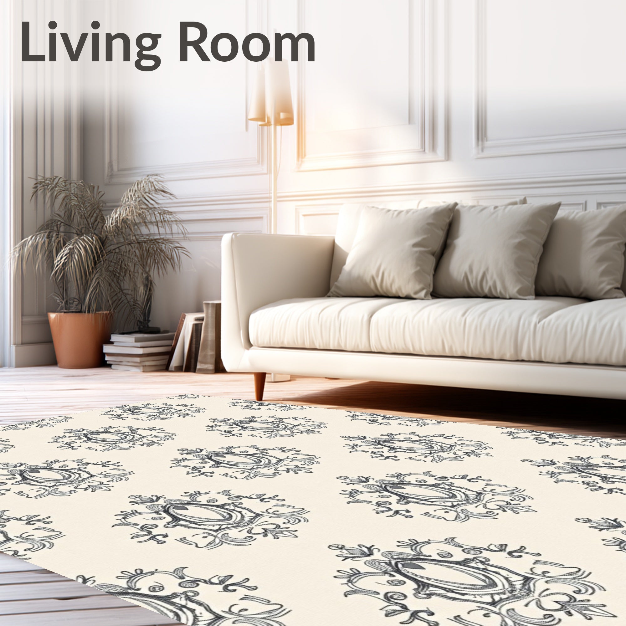 Cream and Charcoal Damask Oval Accents Rug