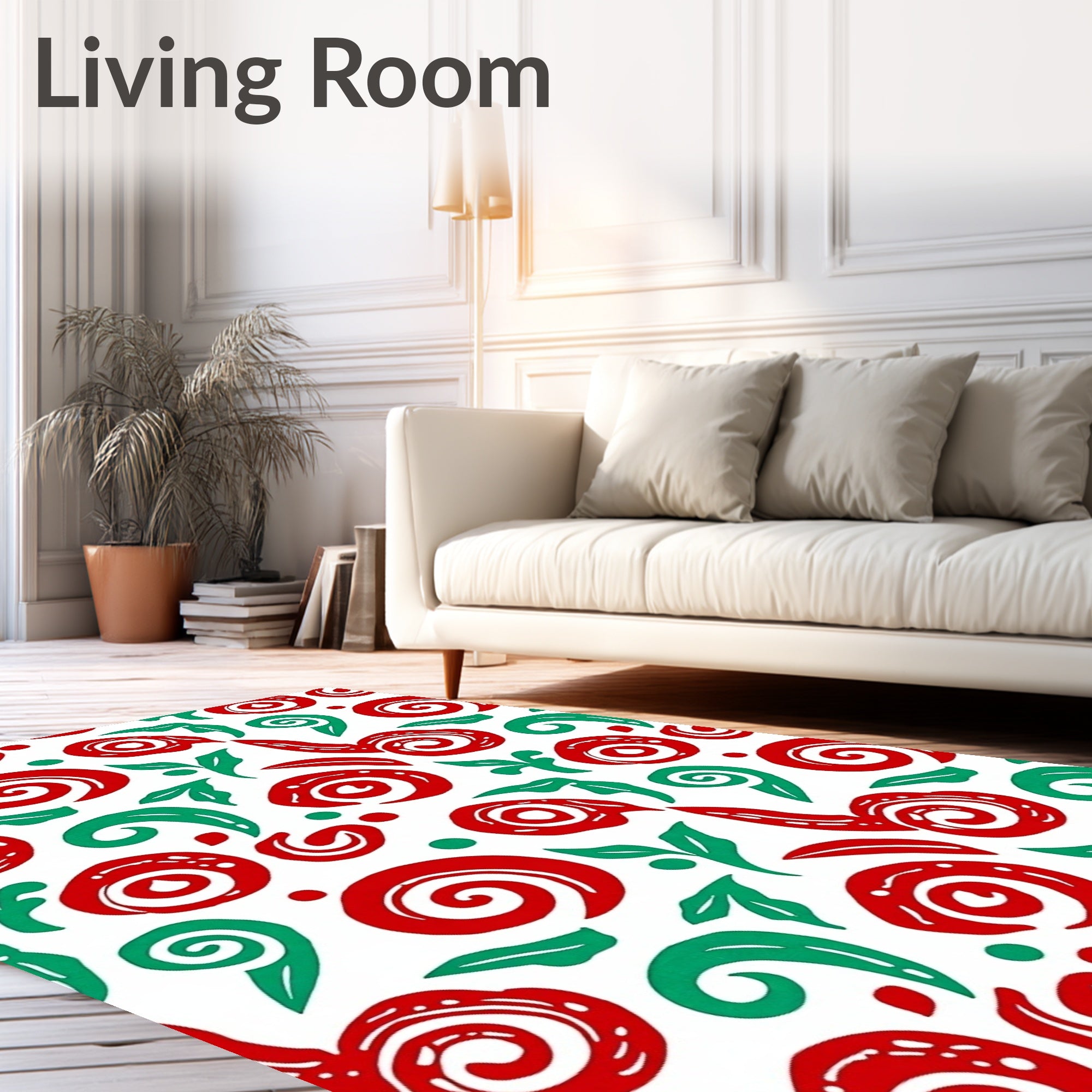 Whimsical Red Green Swirls and Leaves Rug