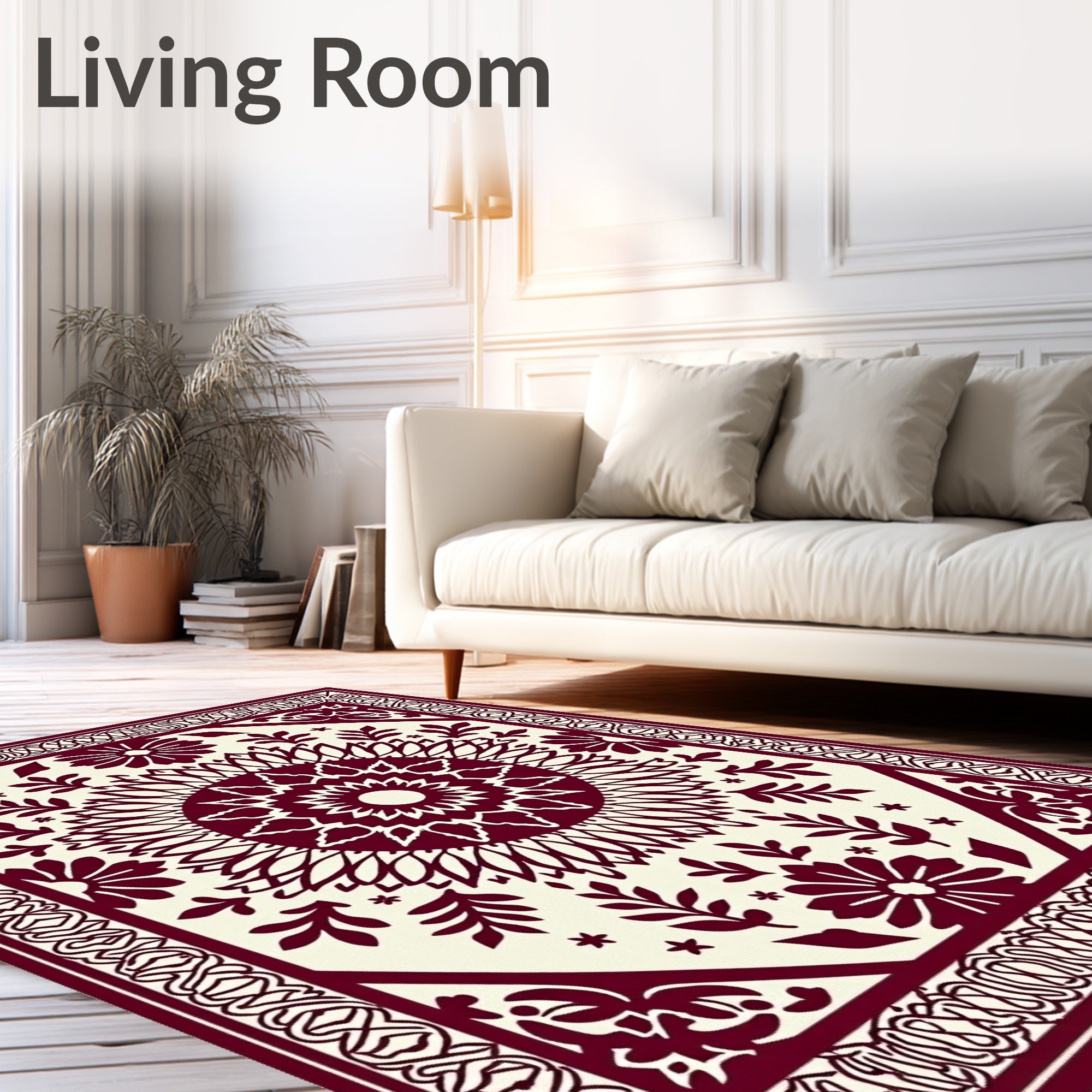 Deep Red Sunburst Geometric Botanical Rug
