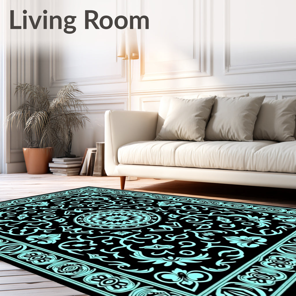 Aqua Black Floral Medallion Border Rug