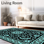 Aqua Black Floral Medallion Border Rug