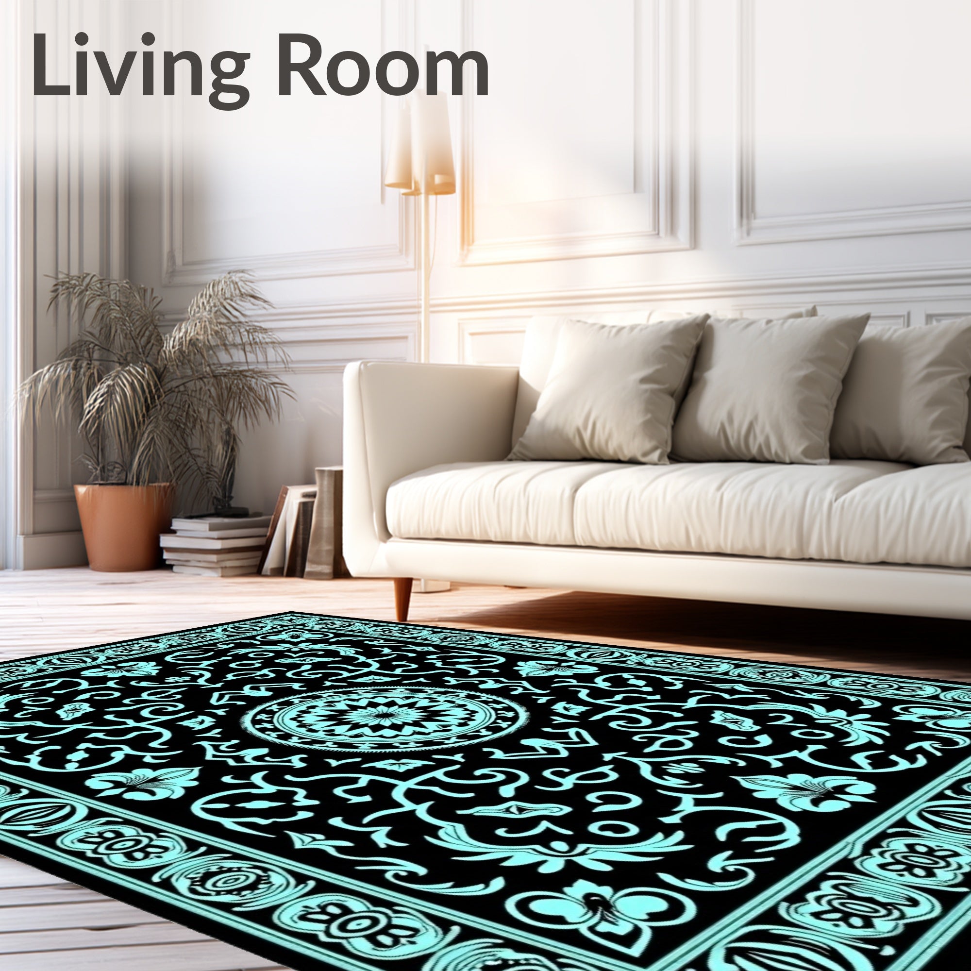 Aqua Black Floral Medallion Border Rug