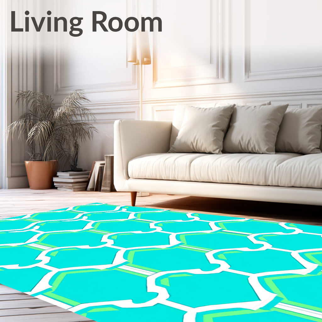 Aqua White Geometric Honeycomb Rug