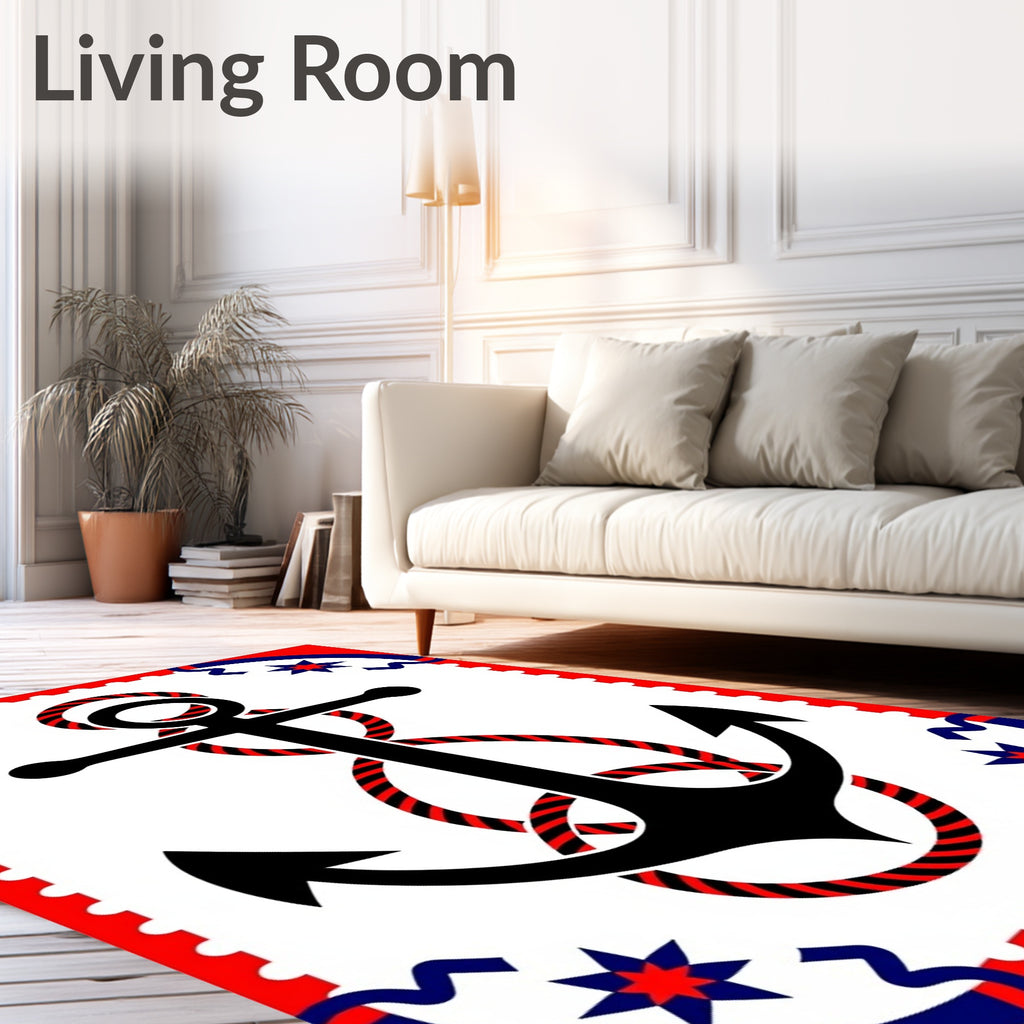 Nautical Black Red Anchor Rope Border Rug