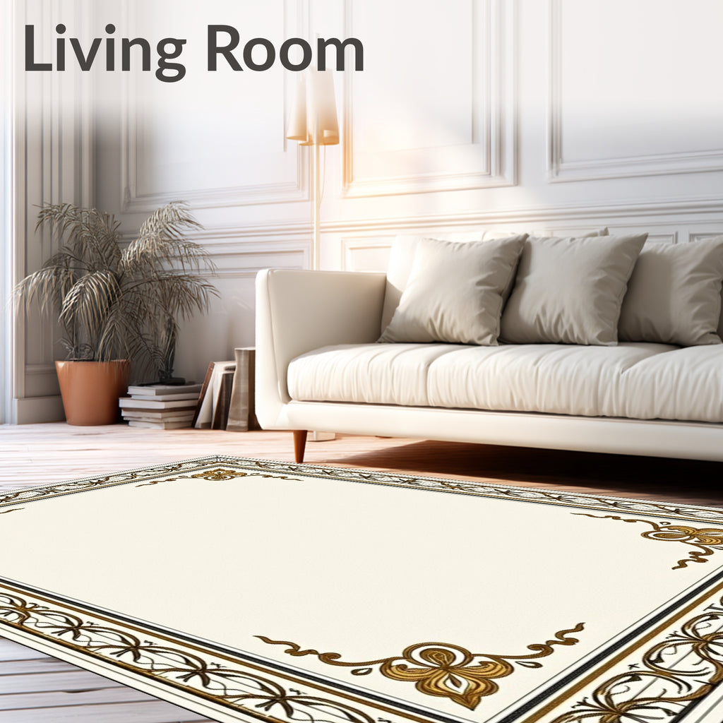Elegant Gold Leaf Scroll Border Rug