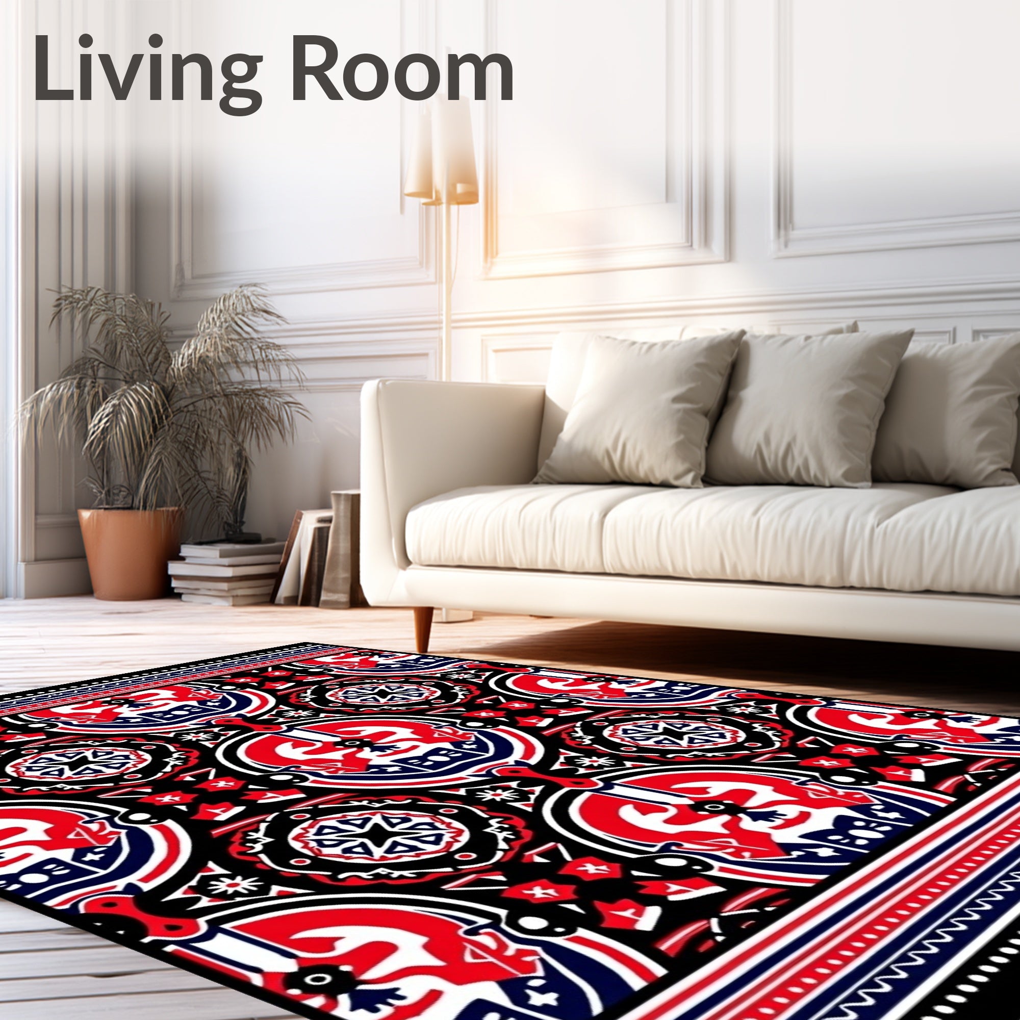 Bold Red Blue Black Circular Collage Rug