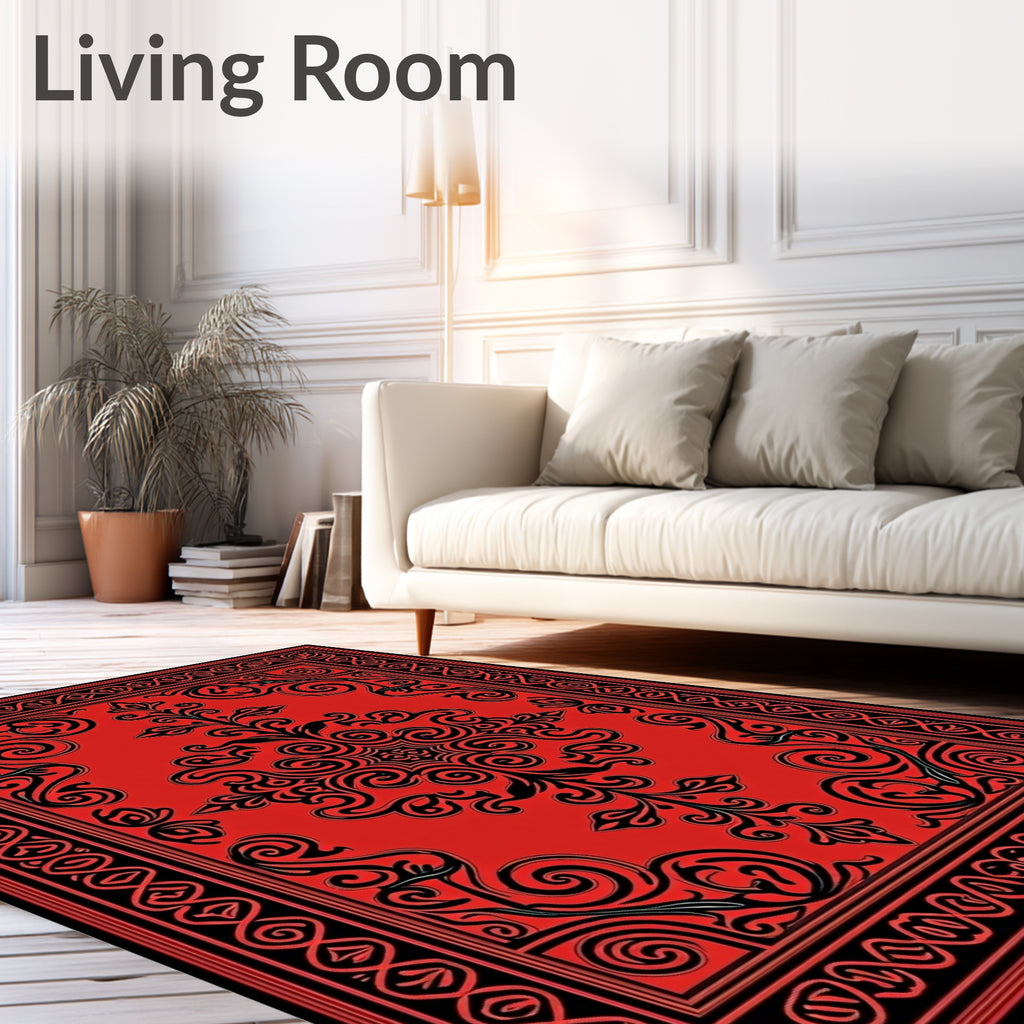 Crimson Black Ornate Scroll Medallion Rug