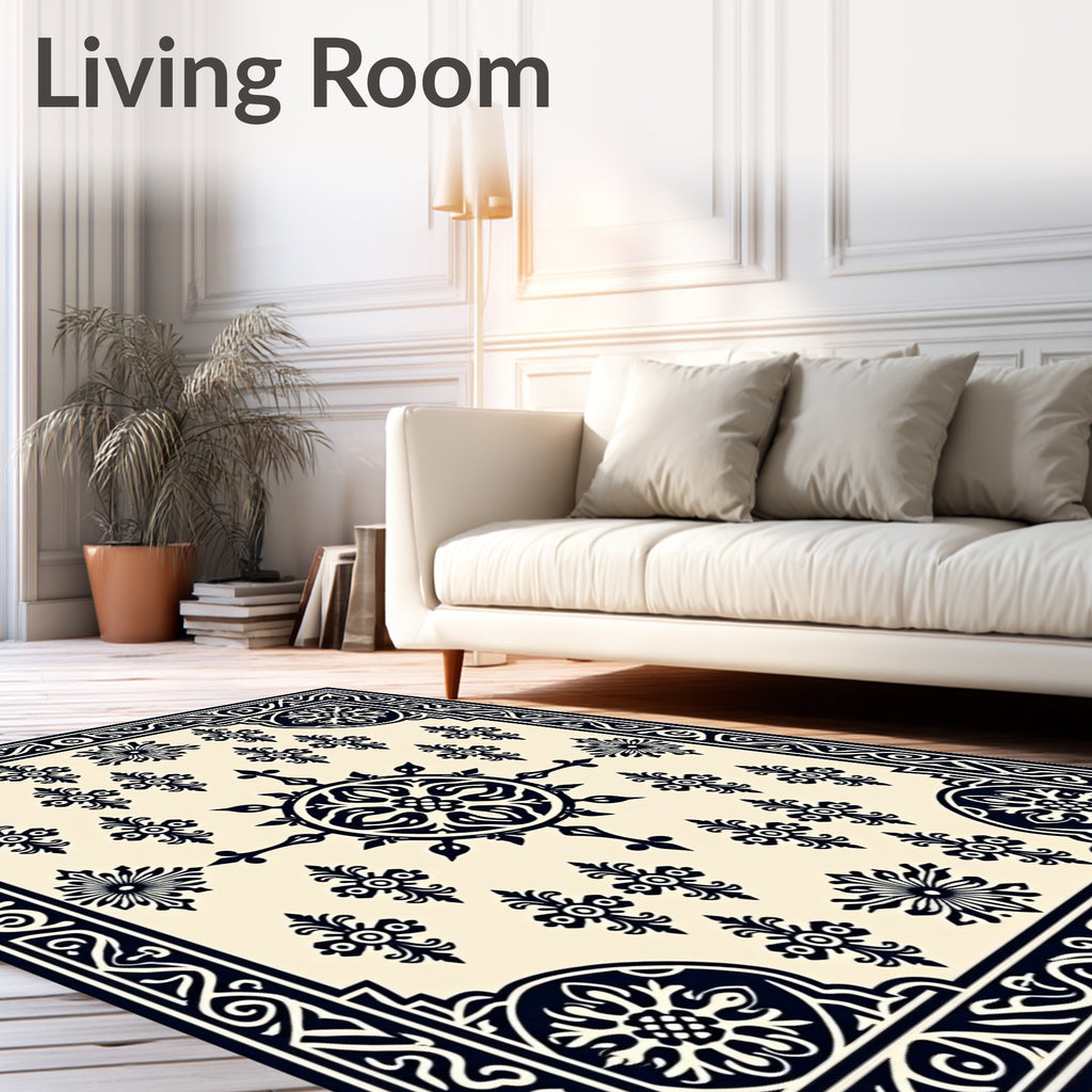 Vintage Cream Black Floral Mandala Rug