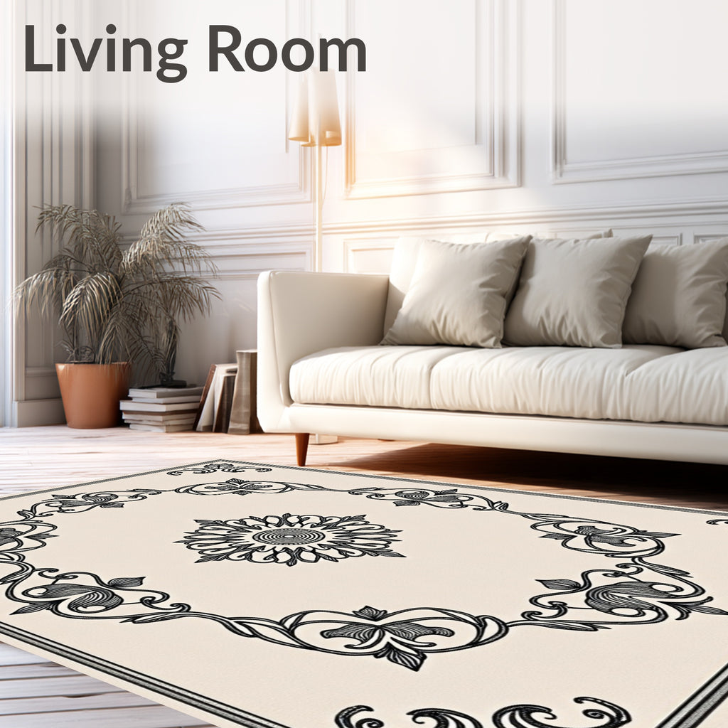 Cream Colored Floral Medallion Frame Rug