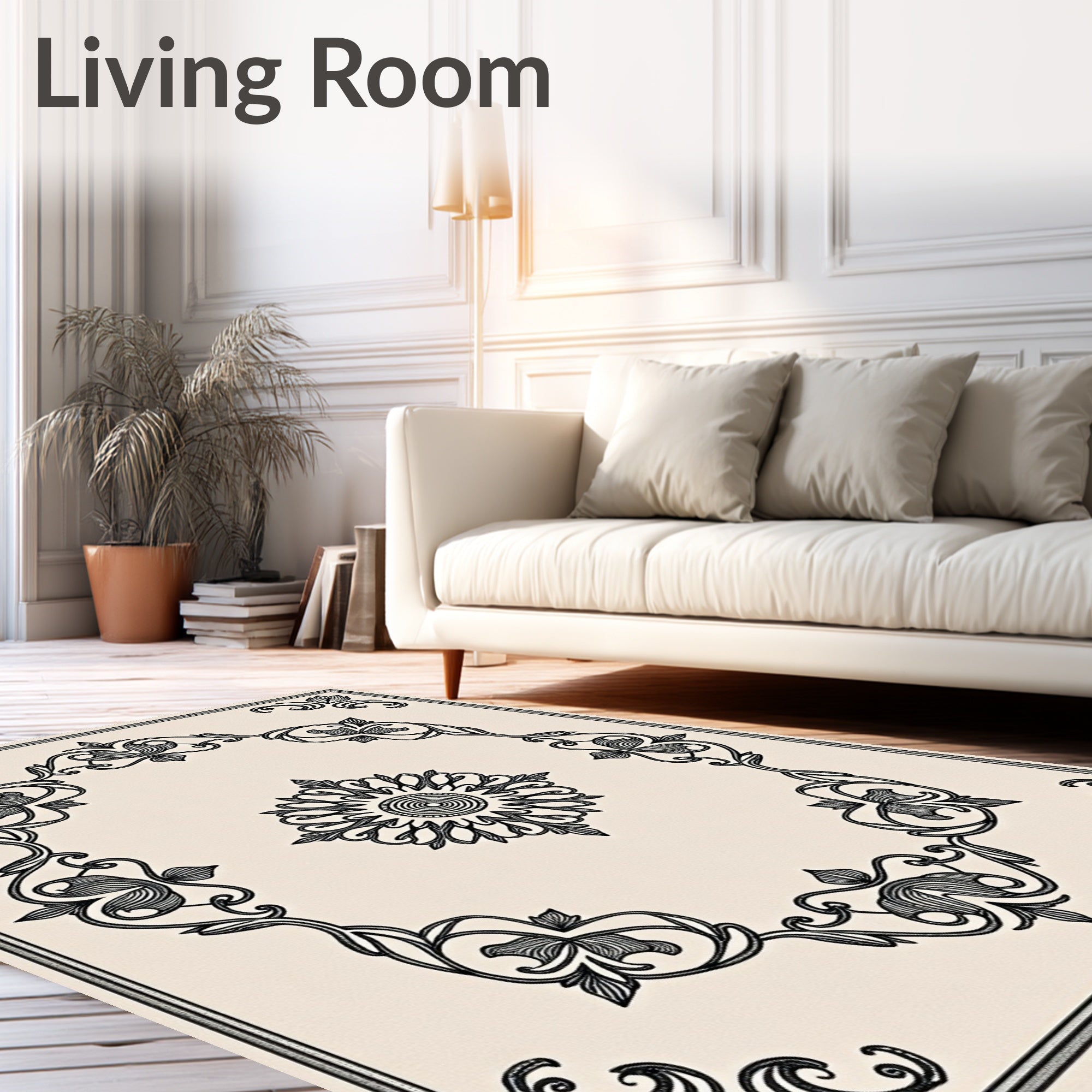 Cream Colored Floral Medallion Frame Rug