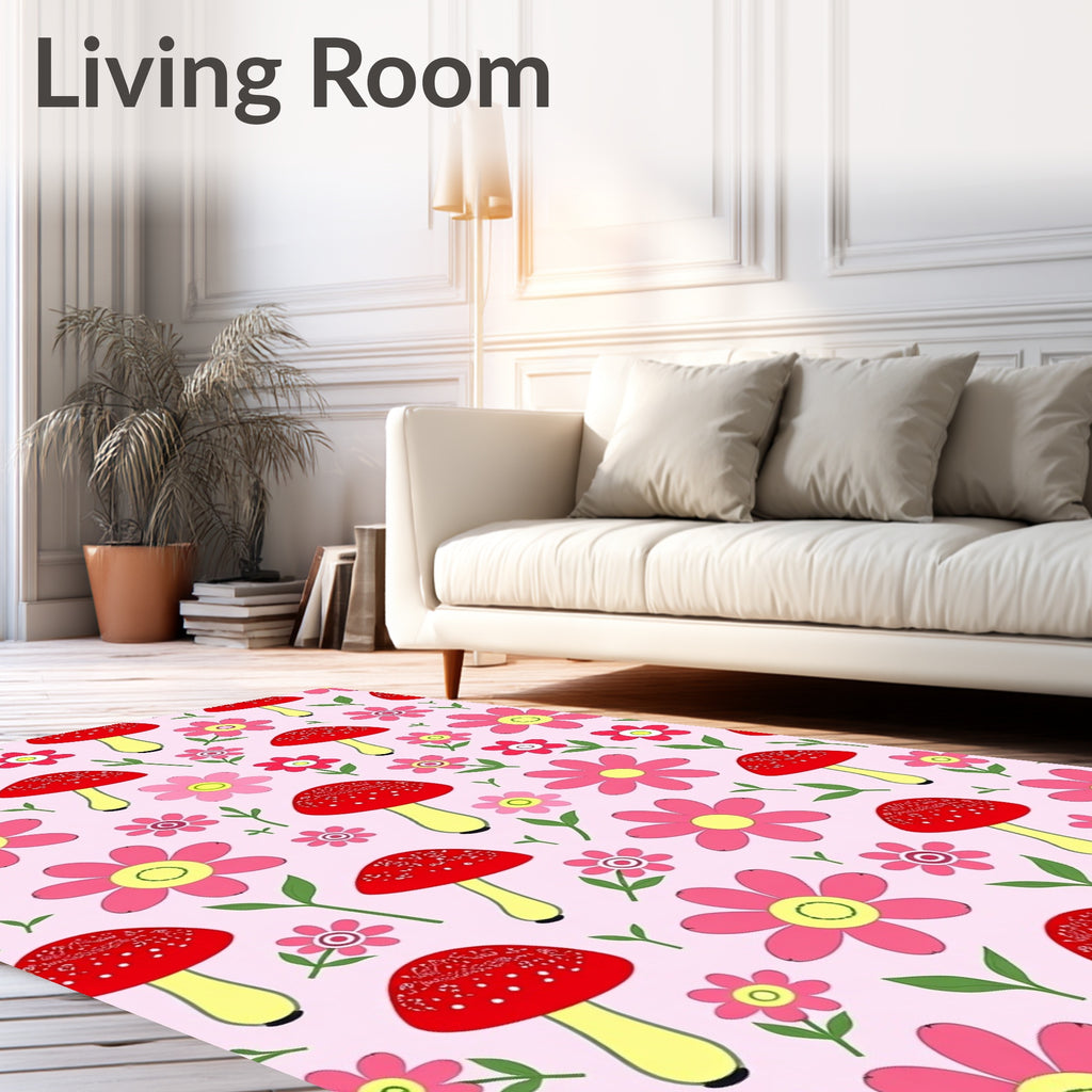 Whimsical Red Mushroom Pink Floral Field Rug