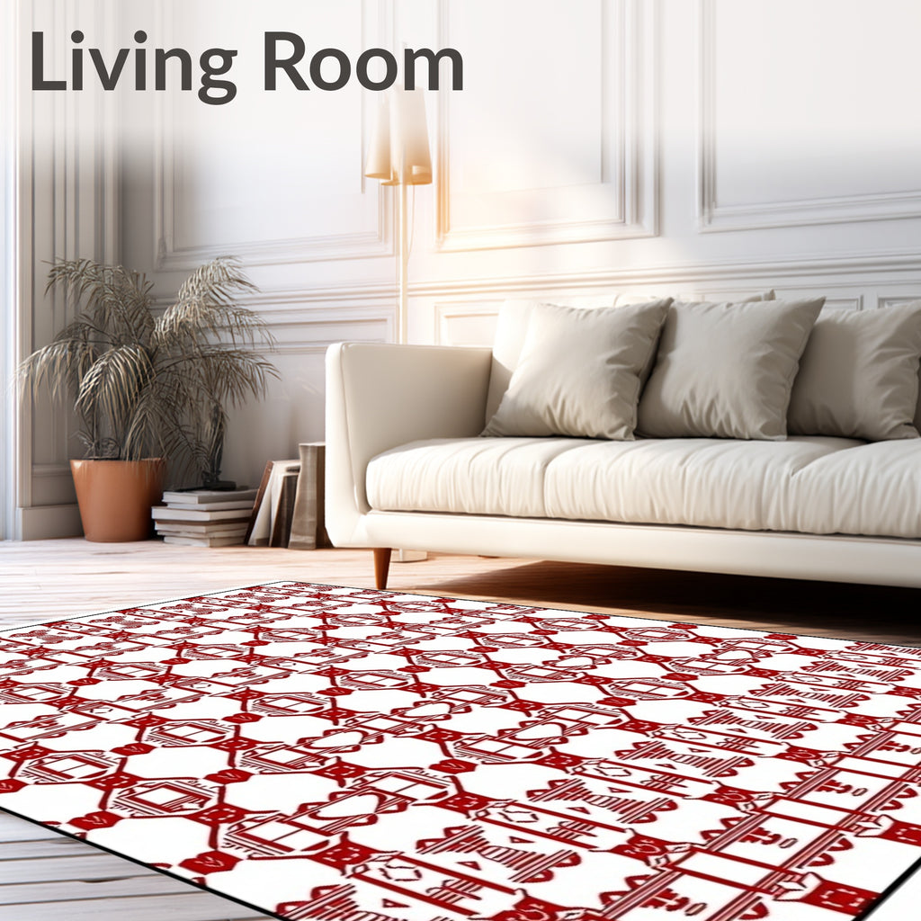 Bold Crimson Repeating Geometric Motif Rug
