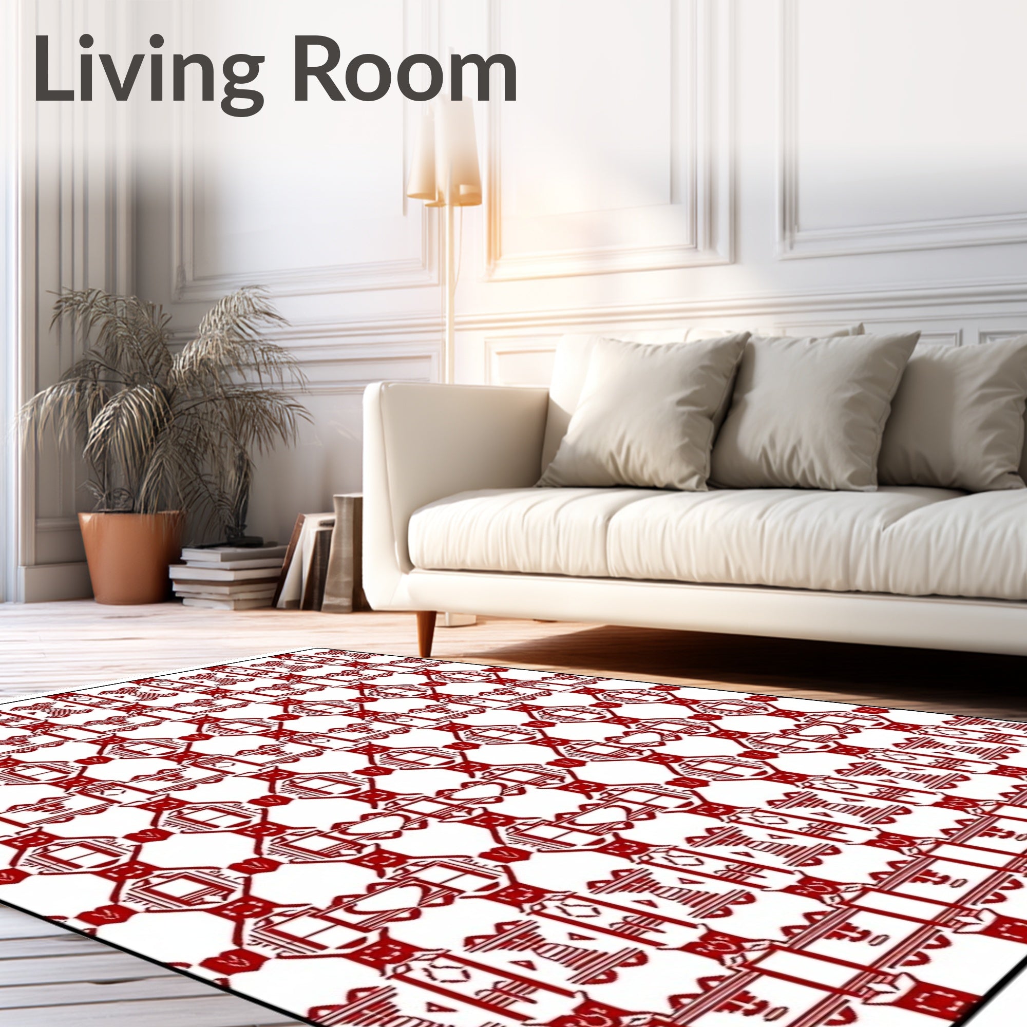Bold Crimson Repeating Geometric Motif Rug