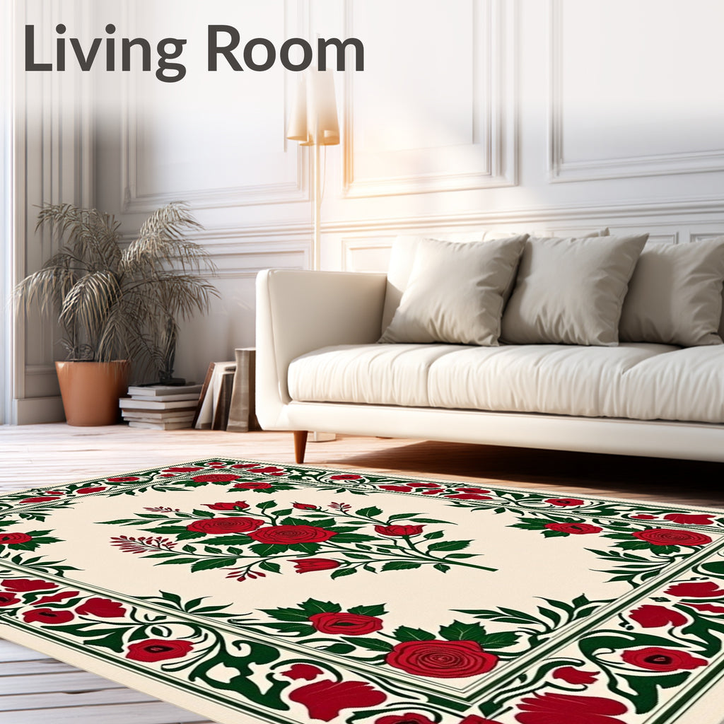 Crimson Rose Garden Floral Border Rug