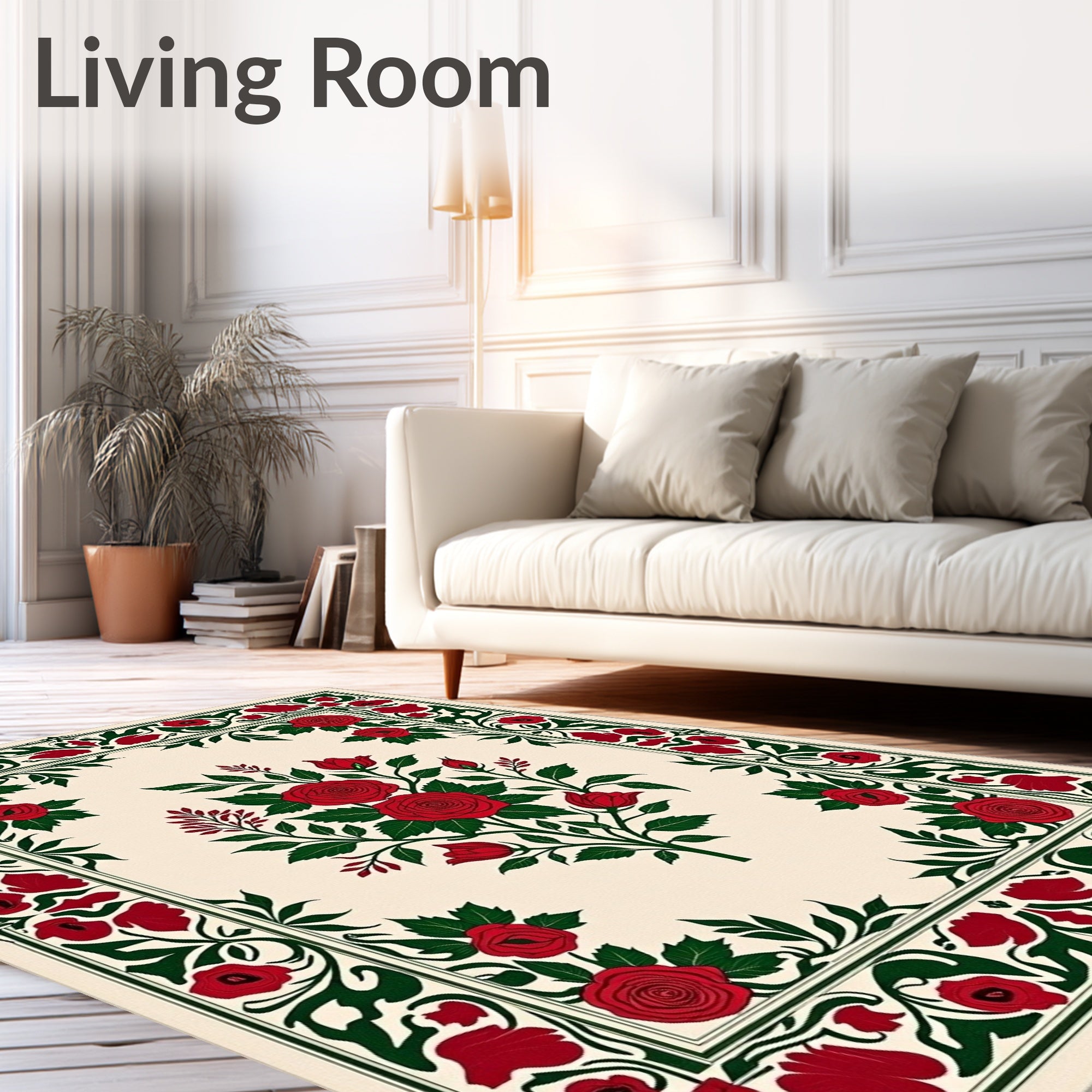 Crimson Rose Garden Floral Border Rug