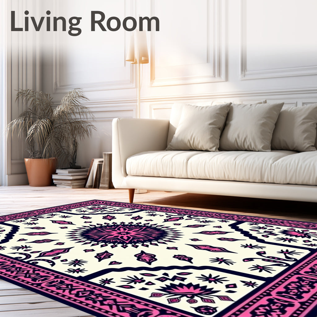 Hot Pink Navy Floral Mandala Rug