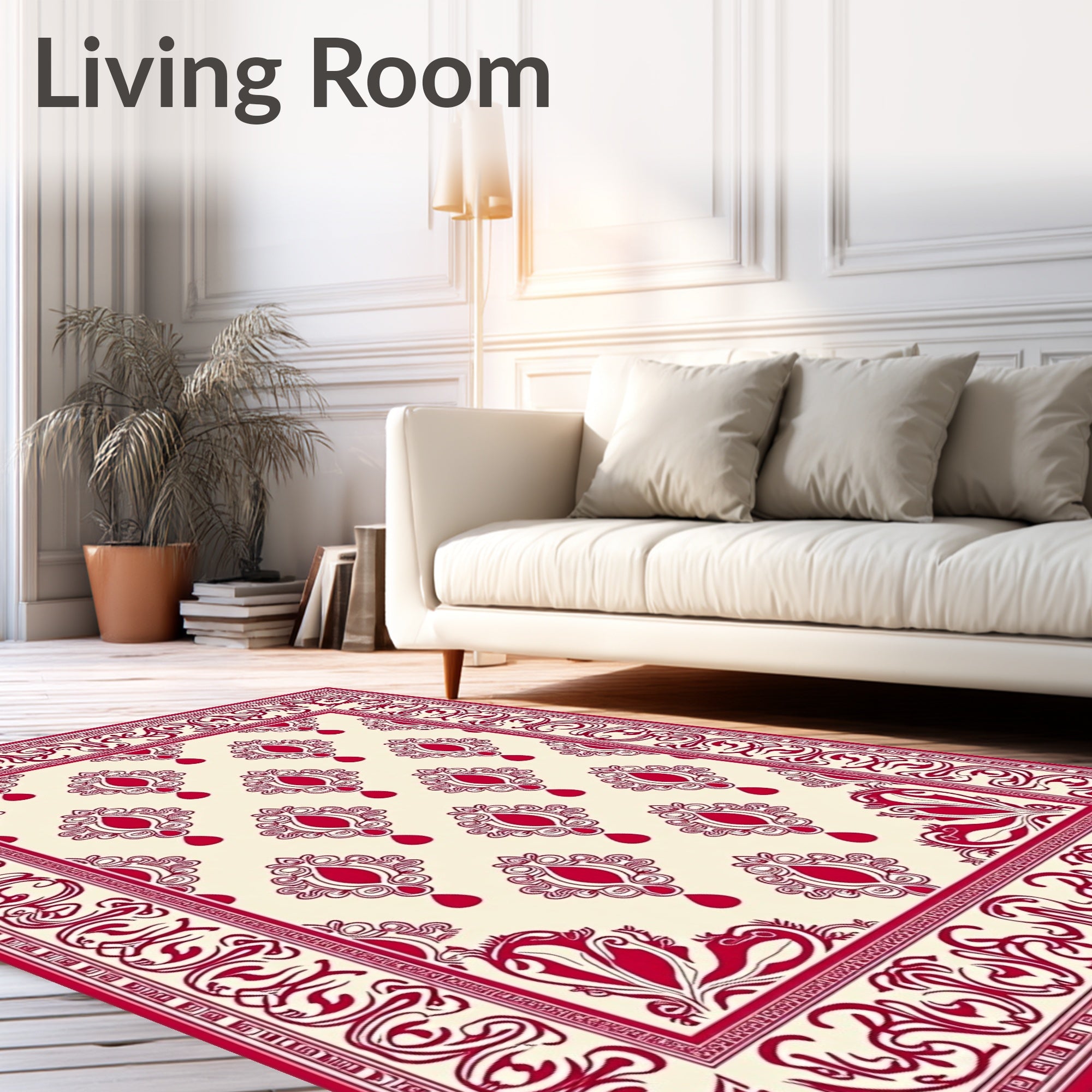 Crimson Medallion Bordered Cream Rug