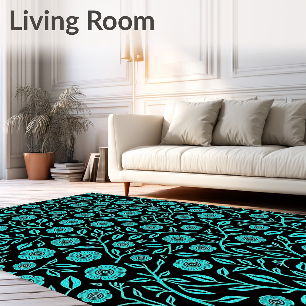Teal Floral Vine Black Background Rug