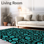 Teal Floral Vine Black Background Rug