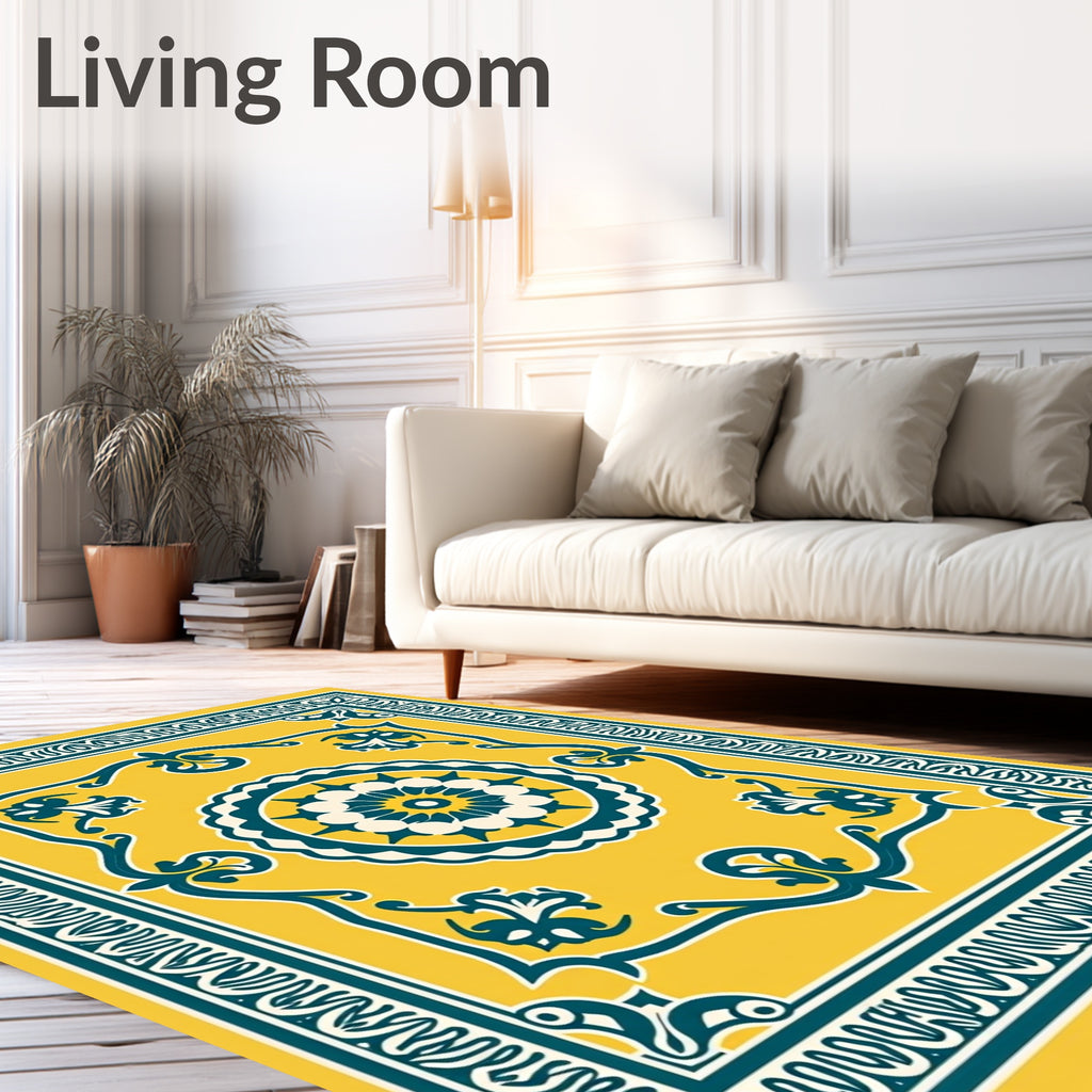 Yellow Teal Floral Medallion Border Rug