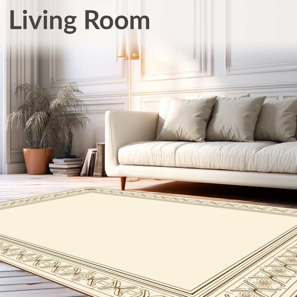 Ornate Cream Brown Geometric Border Rug