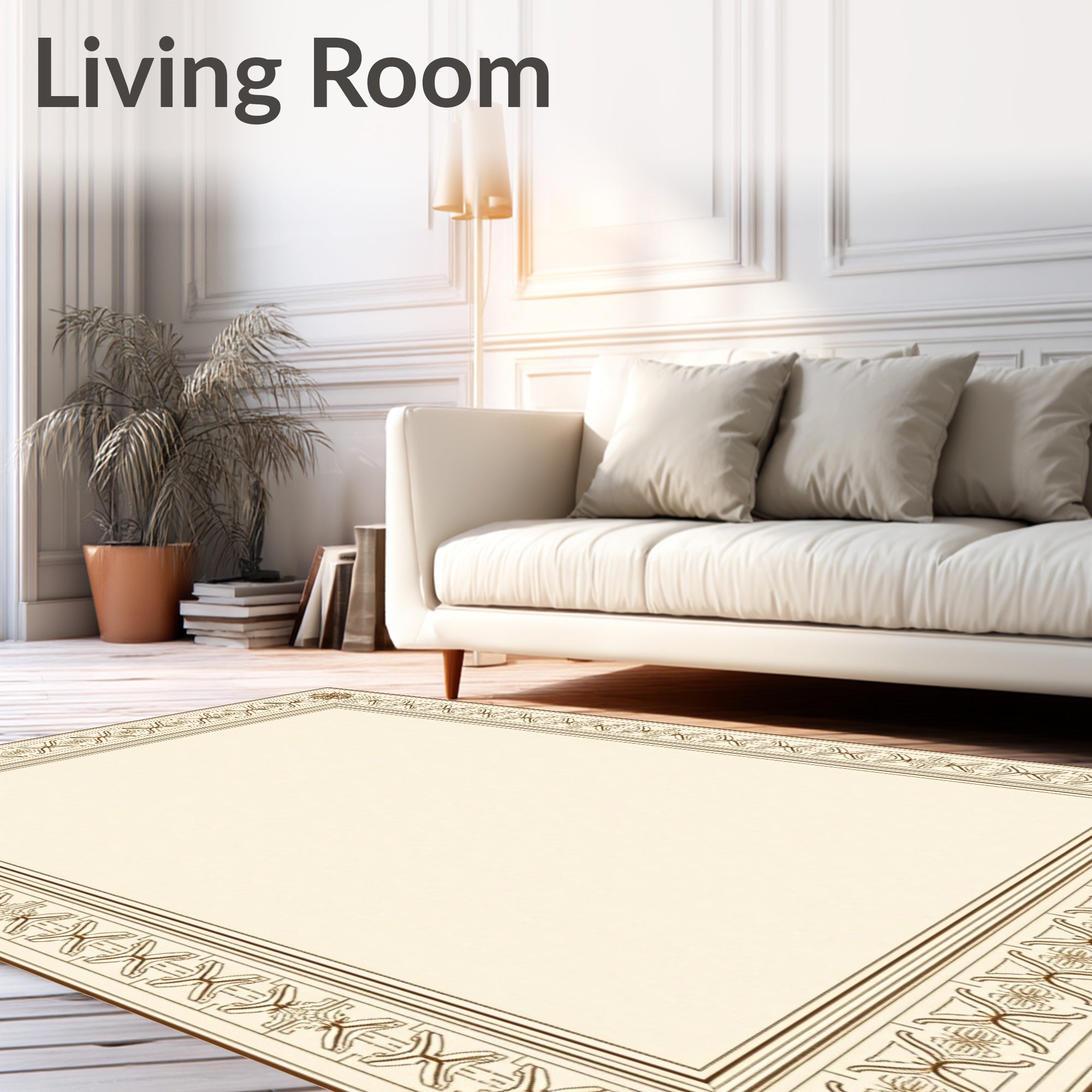 Ornate Cream Brown Geometric Border Rug