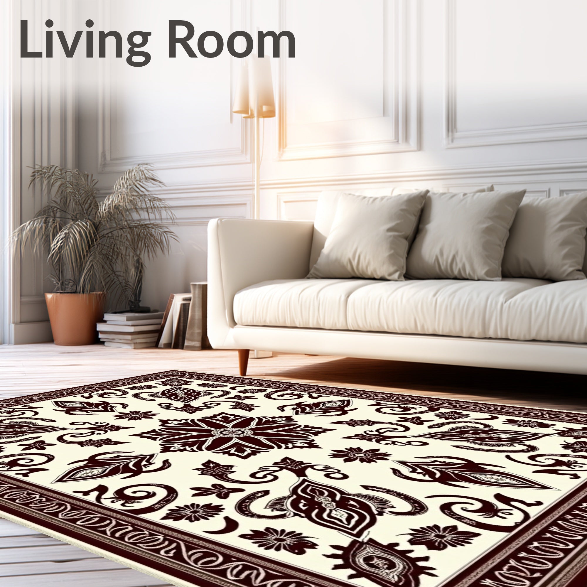 Deep Burgundy Floral Medallion Cream Rug