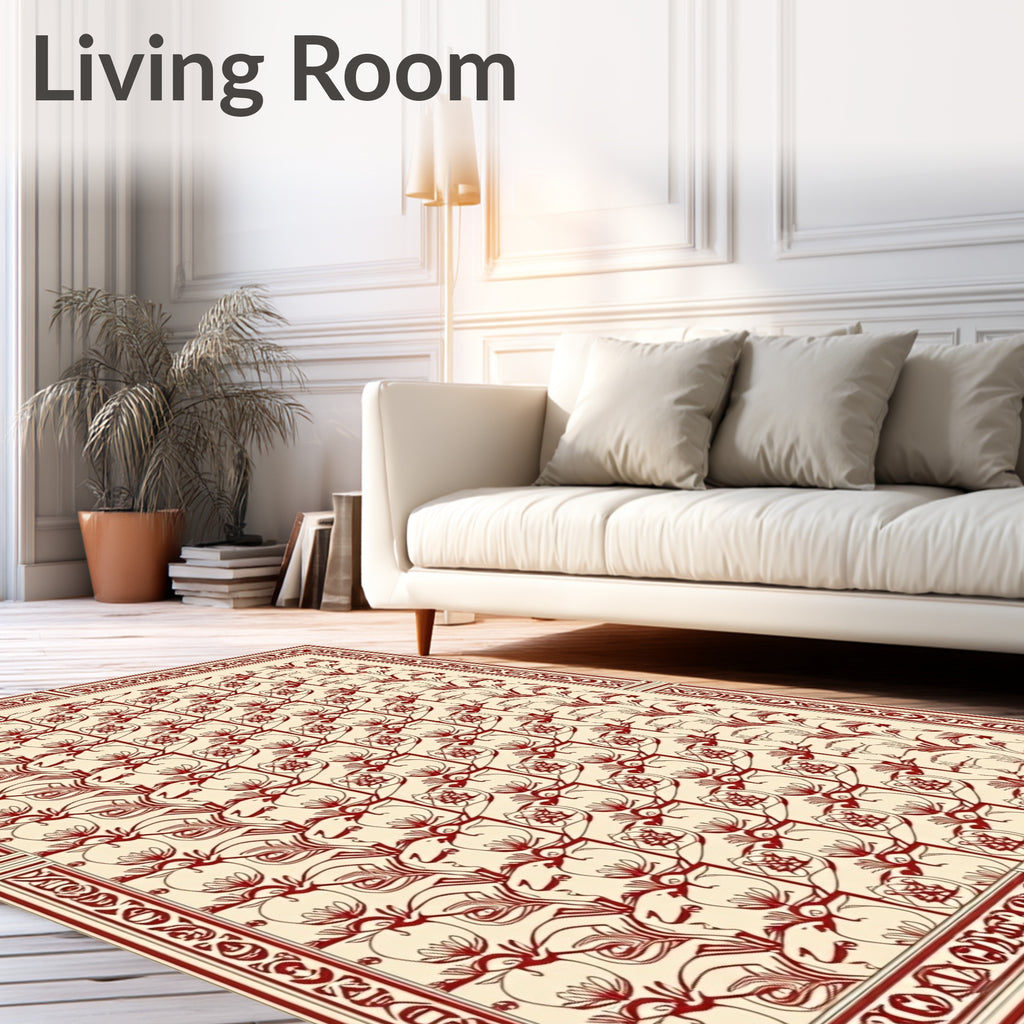 Crimson Floral Motif Geometric Harmony Rug