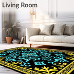 Black Teal Yellow Ornate Floral Rug