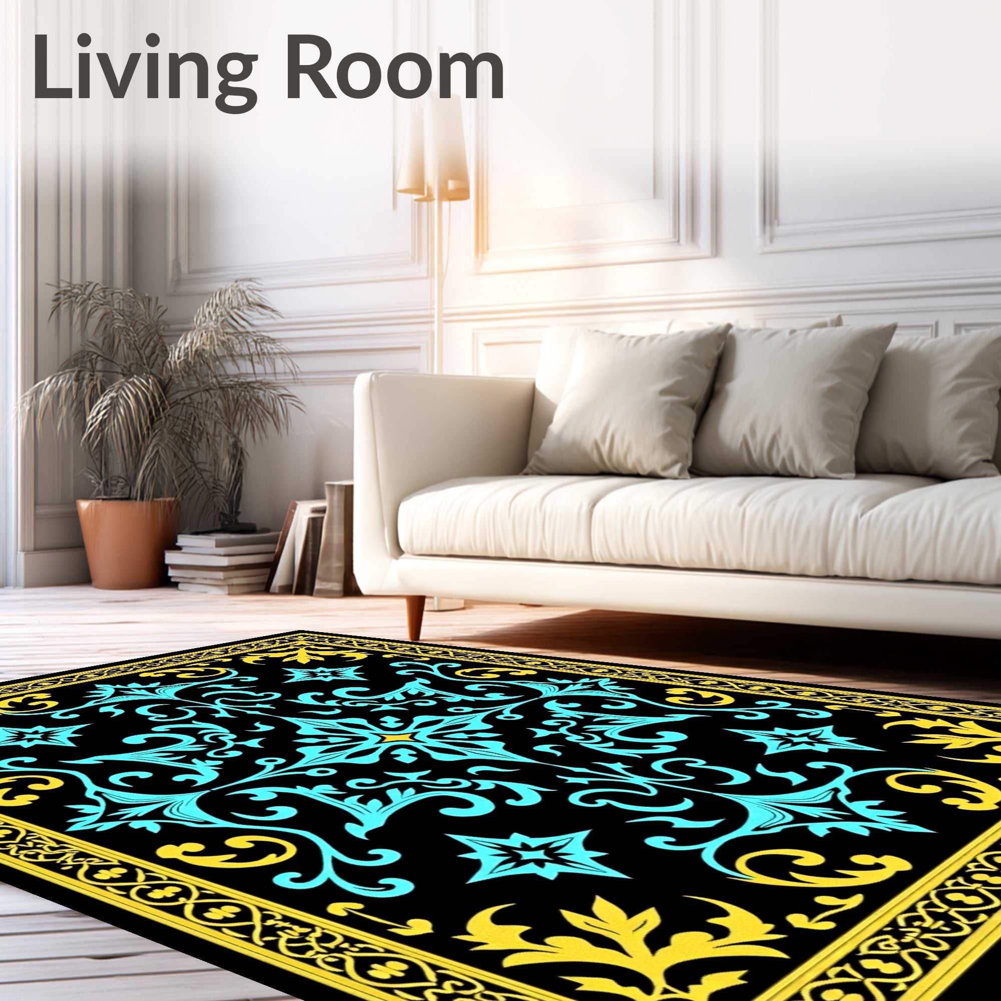 Black Teal Yellow Ornate Floral Rug