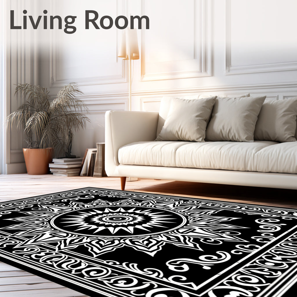 Black White Radial Sunburst Mandalas Rug