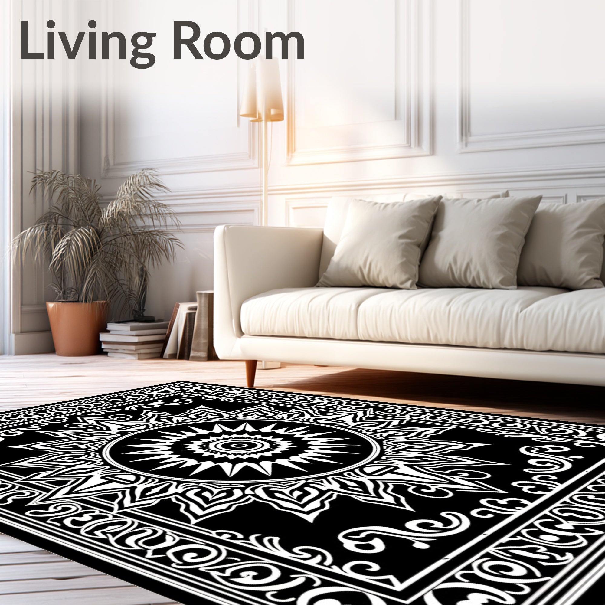 Black White Radial Sunburst Mandalas Rug