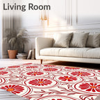 Crimson Floral Circles and Leaves Rug