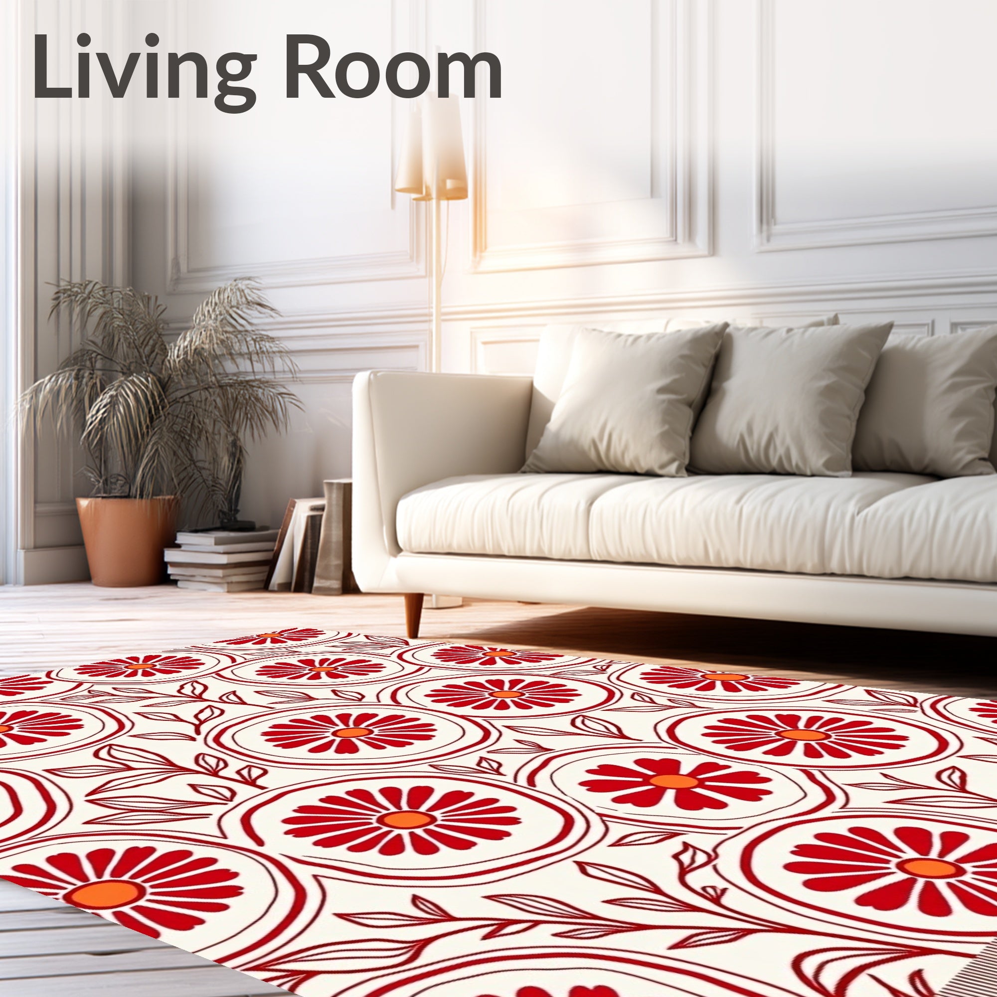 Crimson Floral Circles and Leaves Rug