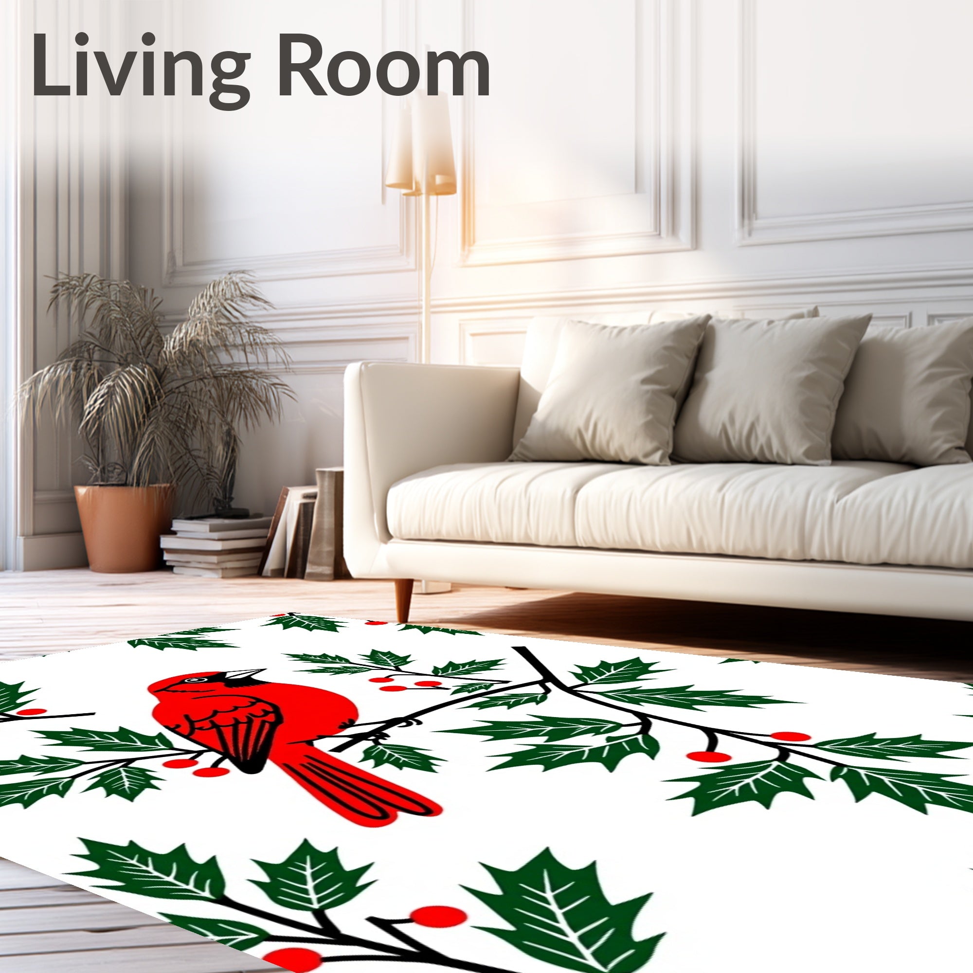 Bold Red Cardinal Holly Branch Rug