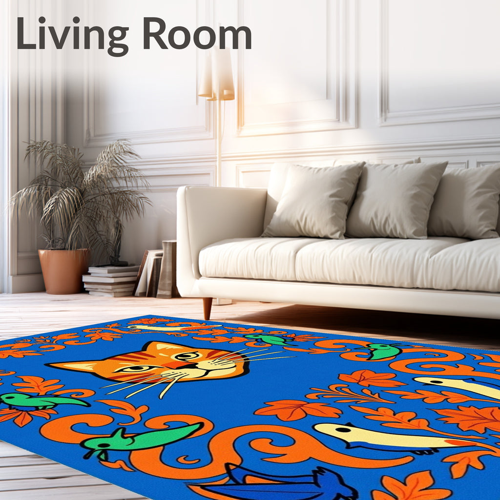 Orange Cat Blue Folk Art Birds Rug