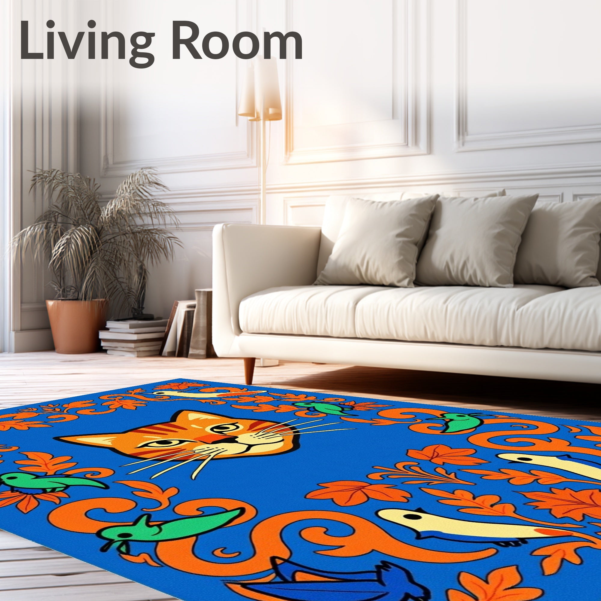Orange Cat Blue Folk Art Birds Rug