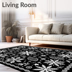 Black White Folk Floral Egg Medallion Rug
