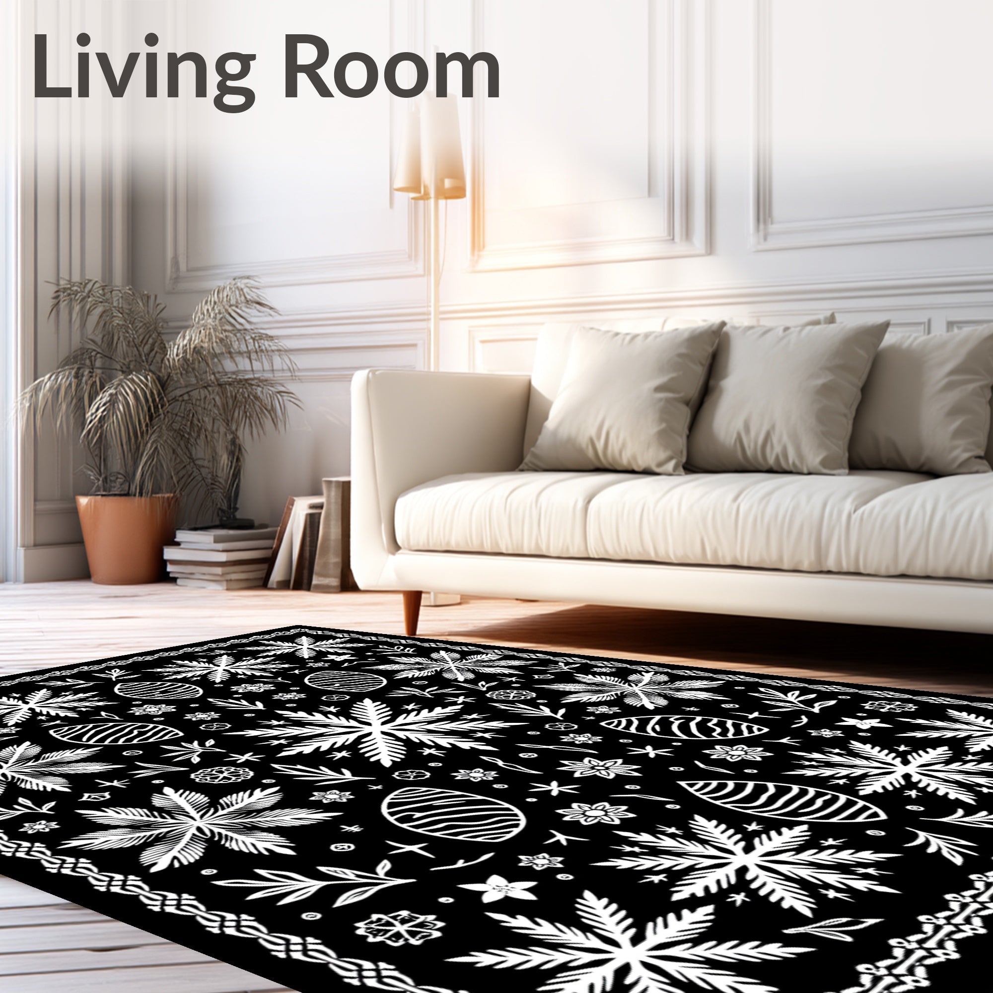 Black White Folk Floral Egg Medallion Rug