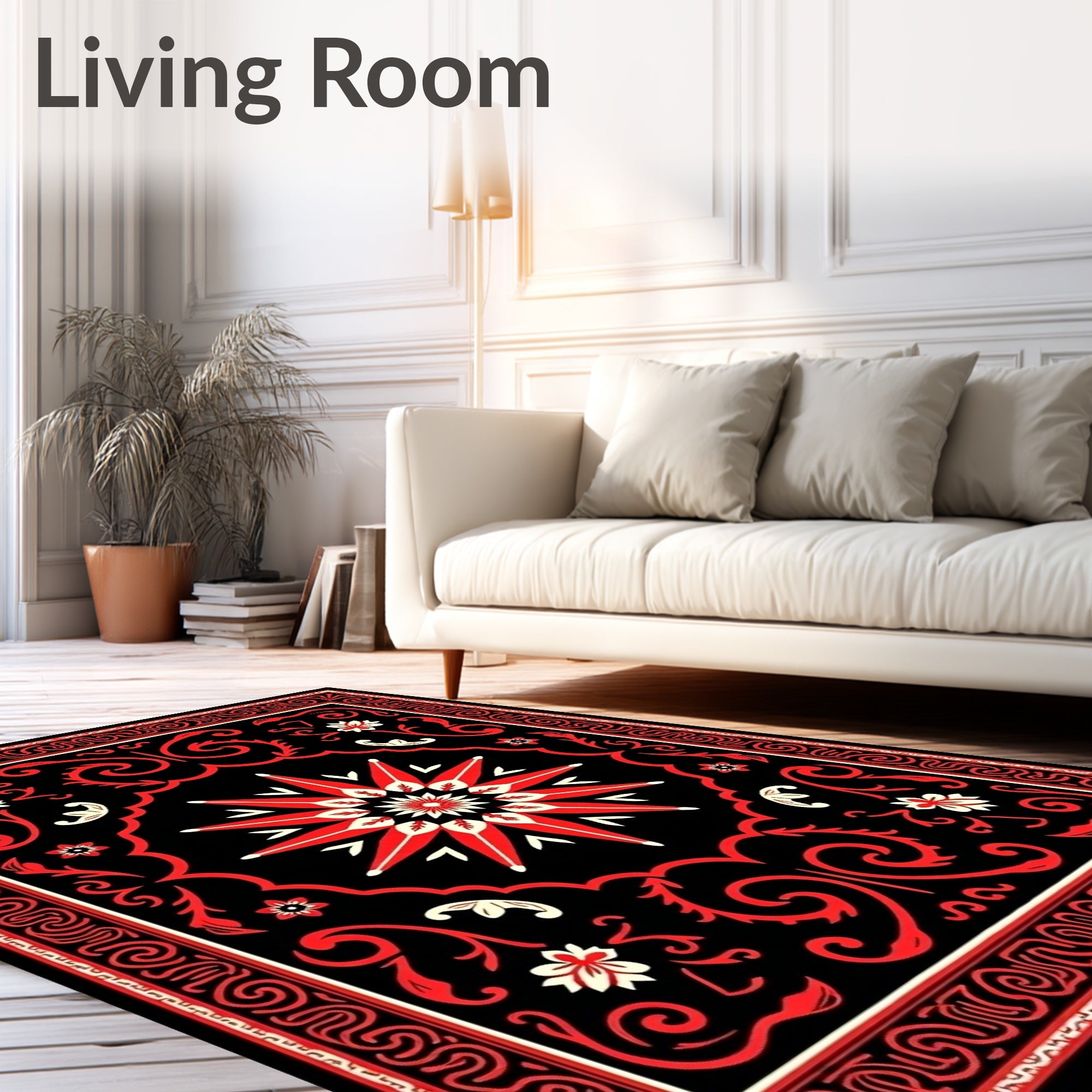 Red Black Star Floral Scroll Rug