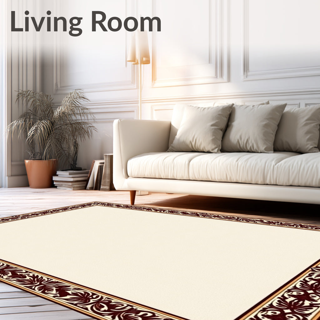 Rich Burgundy Scrollwork Floral Border Rug
