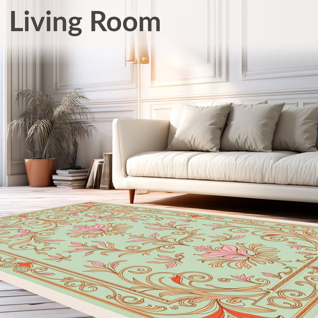 Ornate Mint Floral Scroll Rug