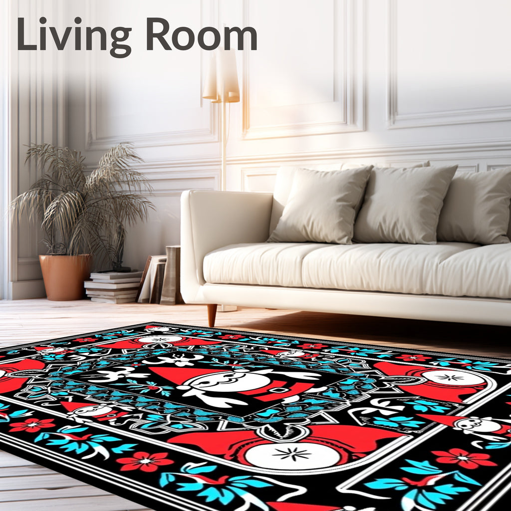 Whimsical Gnome Red Aqua Floral Border Rug