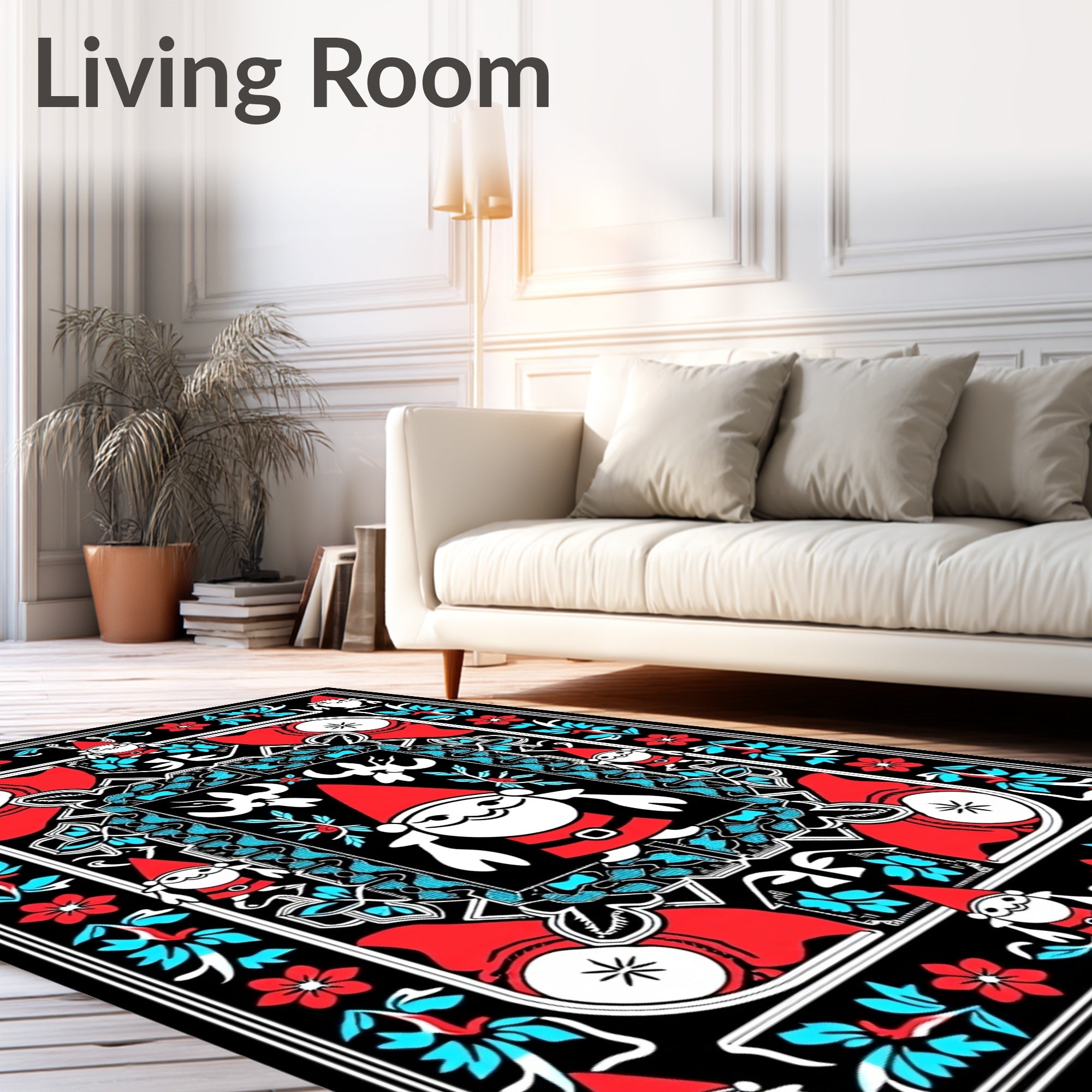 Whimsical Gnome Red Aqua Floral Border Rug