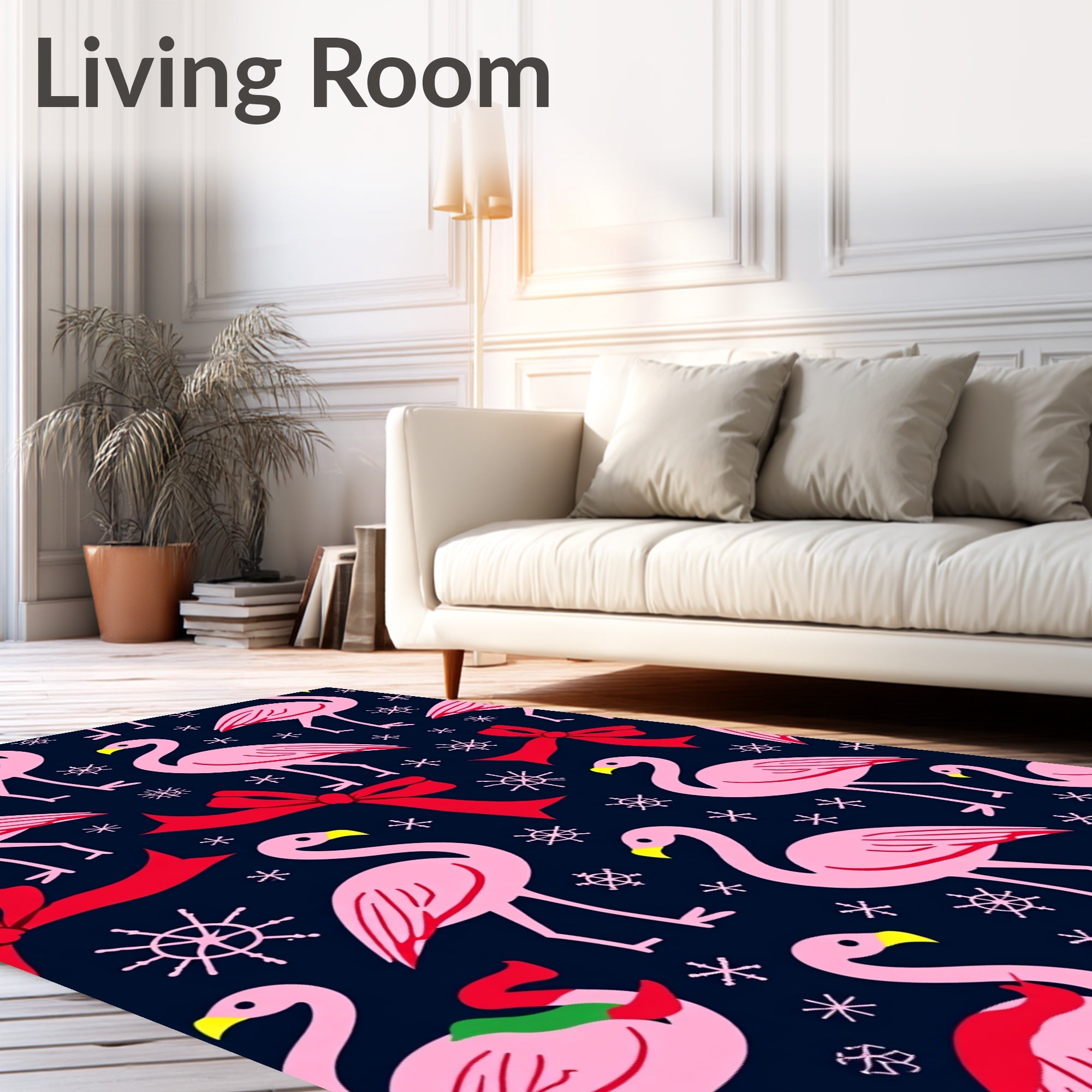 Pink Flamingos Red Bows Snowflakes Dark Blue Rug